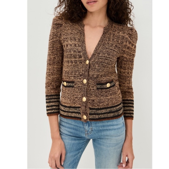 L'Agence Jenni Brown Puff Sleeve Cardigan - Picture 2 of 11